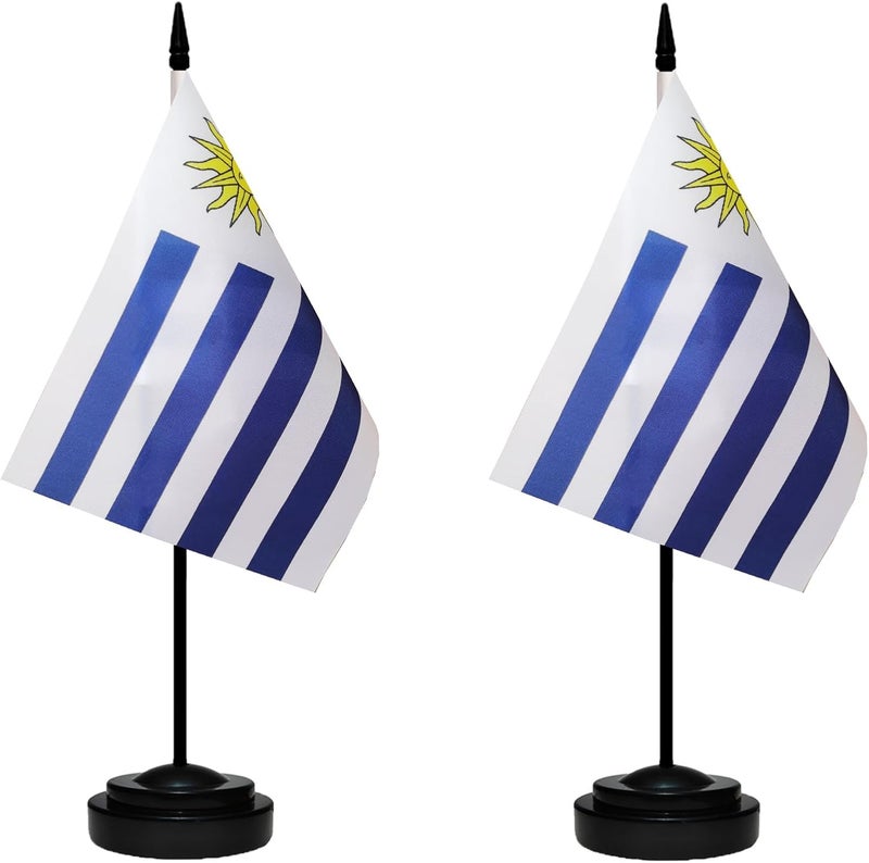 tibijoy Uruguay Uruguayan Small Mini Desk Flag Set Miniature Uruguay Uruguayan Table Office Flag with 13" Black Pole, Black Base, Miniature Uruguay Deluxe Desktop Flag(2 Pack) - Image 1